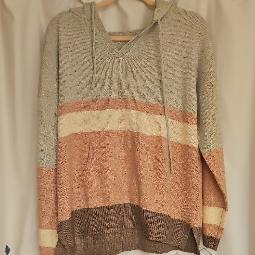 Cozy Striped Hooded Sweater in Light Gray and Blush Lightweight